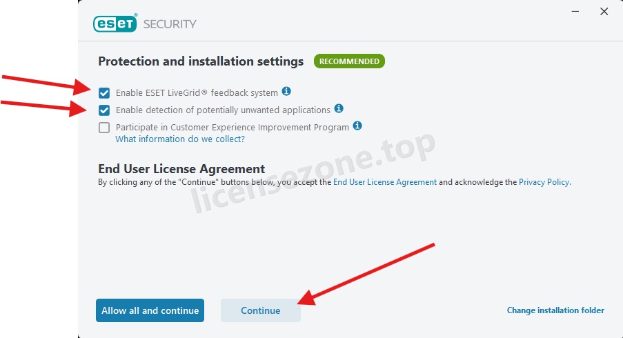 تنظیمات حفاظتی و شروع نصب ESET