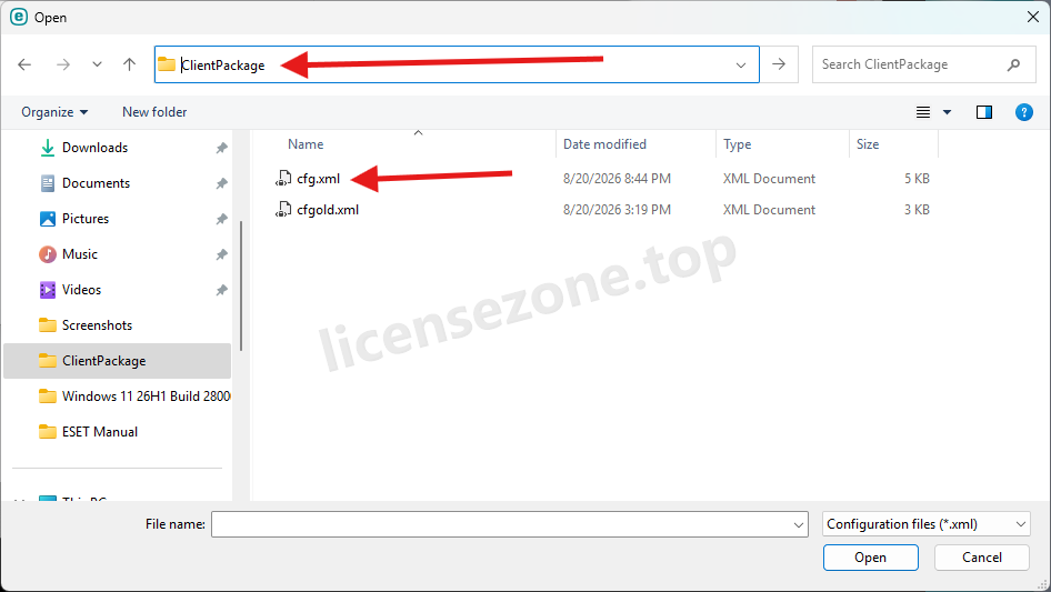 انتخاب cfg.xml از پوشه ClientPackage