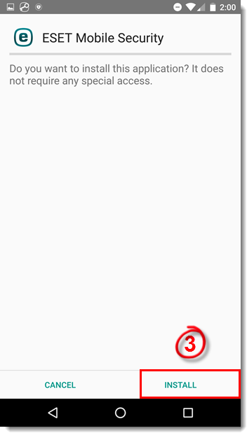 مرحله 3 نصب: لمس دکمه INSTALL در ESET Mobile Security
