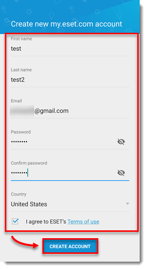 فرم ایجاد حساب کاربری جدید برای ESET Parental Control